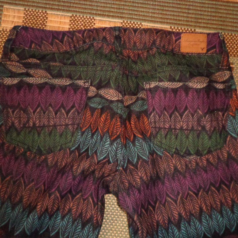 American Eagle Outfitters Stretch Jeggings 4 Leaf/Feather Multicolored Zip Leg - Picture 12 of 16